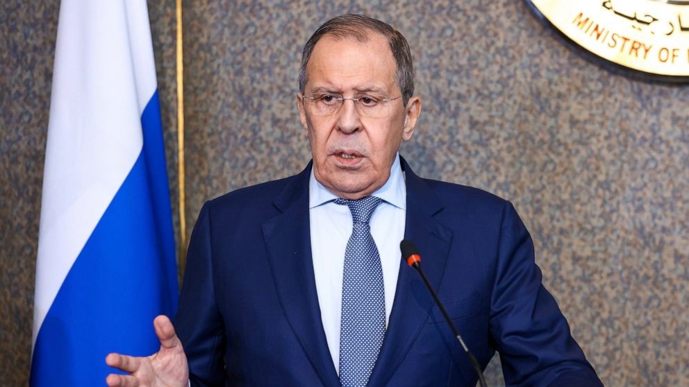 In this handout photo released by Russian Foreign Ministry Press Service, Russian Foreign Minister Sergey Lavrov gestures during a joint news conference with Egyptian Minister of Foreign Affairs Sameh Shoukry, following their talks in Cairo, Egypt, Sunday, July 24, 2022. (Russian Foreign Ministry Press Service via AP) The Associated Press
